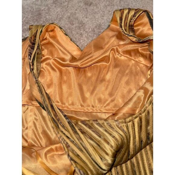 MODELLA Pleated Sleeveless Gold/ Multi-Color Print Overlay Midi Dress Size L - Picture 11 of 16